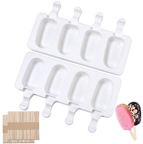 Moldes de Helados Silicona con Palo,Polo apilable mini,8 Cavity Juego de Moldes para Polos,Moldes Paletas para Niños Adultos,Postre,Chocolate,Bricolaje,con 100 unids Palos de Madera (Blanco)