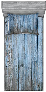 Ambesonne Fence 2 Pack Fitted Sheet & Pillow Sham Set, Grungy Painted Wooden Fence, 4 Pcs Bedding Decor, Package Contains 2 Twin XL Size Fitted Sheets & 2 Pillow Covers, Pale Azure Blue Dust