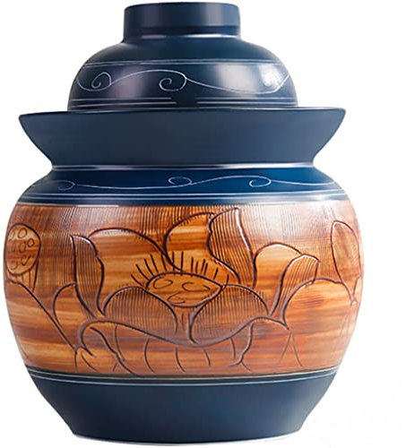 Kimchi Jar Porcelain Classical Art Relief Lotus Pattern Pickle Jar, Vintage Jingdezhen Water Seal Fermentation Crock With Cover, Handmade Artwork, (Color : Blue, Size : 5kg)