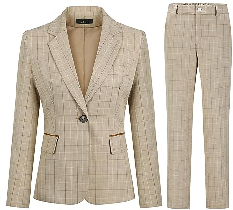 YUNCLOS Completi da donna a quadri in 2 pezzi con pantaloni, maniche lunghe, eleganti e formali da ufficio, blazer con un bottone e pantaloni, cachi, L