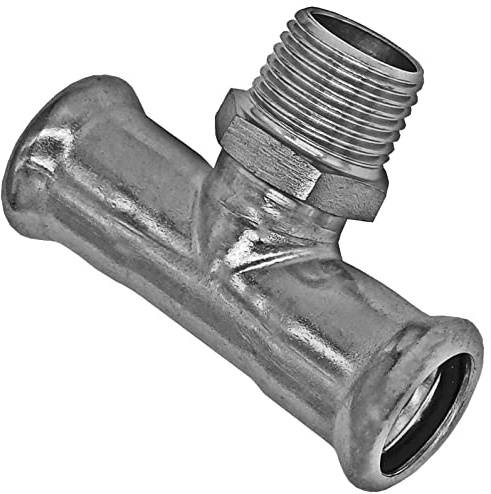 MegaHaustechnik Übergang T-Stück 22 x 3/4“AG x 22 Pressfitting aus Edelstahl V4A für Rohr-Außendurchmesser 22mm zum Verpressen M-Kontur, mit 3/4 Zoll Außengewinde, Trinkwasser geeignet, VA INOX