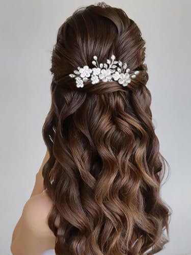 Vakkery Blume Braut Hochzeit Haarnadeln Silber Perle Haarspangen Kristall Kopfschmuck Braut Haarschmuck Hochzeit für Damen und Mädchen 3 Stück