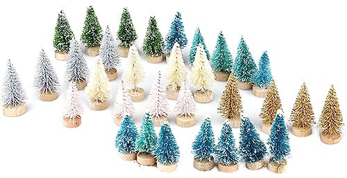 Set di Mini Alberi di Natale Artificiali Multicolore da 32 Pezzi, Mini Alberi di Natale, Alberi di Pino in Miniatura Alberi di Sisal con Base in Legno Set di Pennelli per Bottiglie per(32 pezzi)