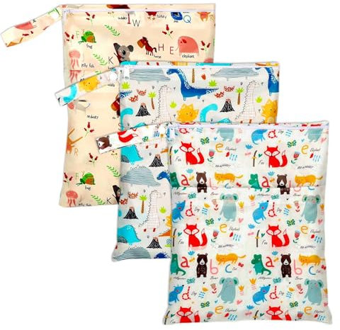 MIYUANGKJ 3er Windeltaschen Nasstaschen Wetbag mit Doppelreißverschluss Nasse und Trocken Wickeltasche Wasserdicht für Kleinkind Windeln Reisen Gym Strand Pool, Tier Alphabet Dinosaurier Thema
