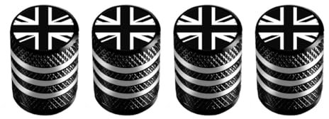 Marcraft Corrosion Resistant (Black Two-Tone) (Laser Engraved Union Jacks) Metal Tyre Wheel Alloy Valve Caps Dust Caps (4 Pack) Universal for Cars, SUVs, Bicycles, Motorcycles, Trucks | Plastic Insert