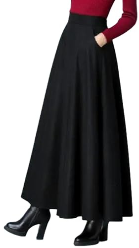 Mdybf Damkjolar höst och vinter enfärgad ullkjol stor fåll A- linje kjol hög midja långa kvinnor kjolar, Svart 86 cm, XL