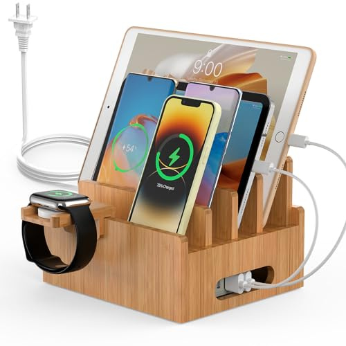Pezin & Hulin Bambus Ladestationen mit 5 Port USB Ladegerät & 5 Kabel | Handy-Organizer für mehrere Geräte mit Uhrenständer für Tablets, Smartwatch