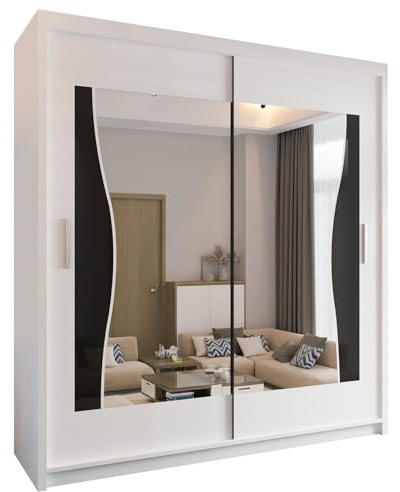 FURNITUREWAVE Modern Batumian Wardrobe Closet with Curved Mirror Double Doors, Hanging Rods, Shelves - Bedroom Storage Organizer (White, 180cm)