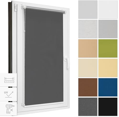 Estika Verdunklungsrollo ohne Bohren, Breite alle 1 cm - 110 cm x 220 cm - Graphit - Thermorollo, Rollos für Fenster ohne Bohren, Sonnenschutz Fenster innen