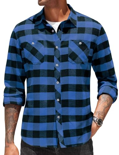 COOFANDY Camisa de Hombre Manga Larga a Cuadros Con Bolsillo - Tradicional de Algodón Para Oktoberfest - Casual de Negocios - Azul & Negro L