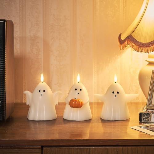 Lights4fun 3er Set TruGlow® LED-Gespensterkerzen – Trio mit Fernbedienung & Timer – batteriebetrieben – Herbst Deko in Orange & Weiß – Kürbis- & Halloween-Deko für Innen