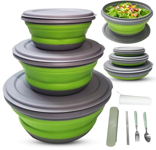 RMAMSCOV Cuenco de camping, 3 piezas de silicona de grado alimenticio, plegable, fiambrera, ensalada, con tapa, juego de recipientes expandibles para almacenamiento de alimentos con vajilla plegable y