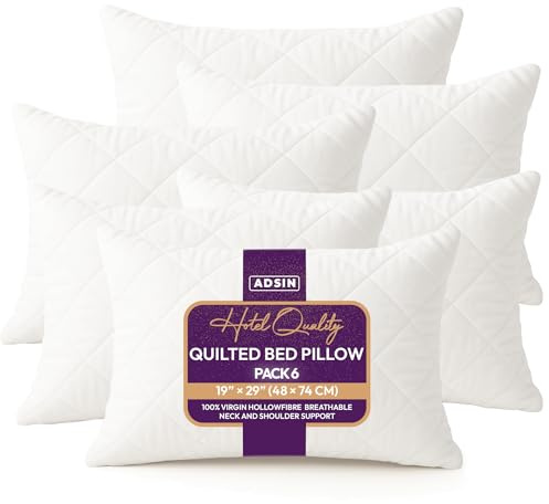 adsin Quilted Bed Pillows 6 Pack Hotel Quality, Hypoallergenic & Breathable Cover, Soft & Supportive Bounce-Back Hollowfibre Luxury Pillows for Stomach, Back & Side Sleep, Standard Size - Pack of 6