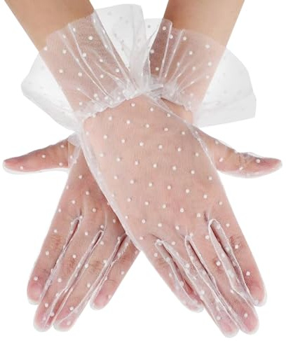 FSSTUD Gepunktete Spitzenhandschuhe, kurze Brauthandschuhe, Teeparty-Handschuhe, Netz-Partyhandschuhe, elegante Kostüm-Handschuhe, Neuheit, Hochzeitshandschuhe, weiß, length 25cm
