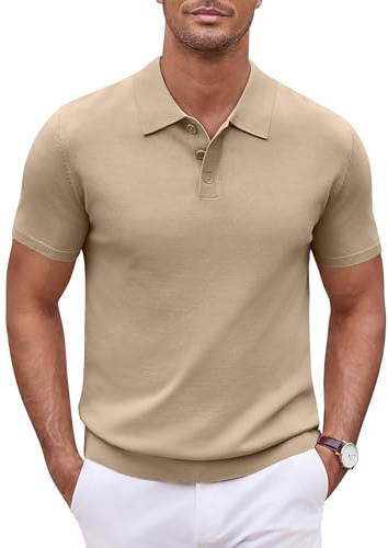 COOFANDY Camisa de Punto de Manga Corta Polo para Hombres Camisa Polo para Hombres de Golf Casual de Verano Caqui XL