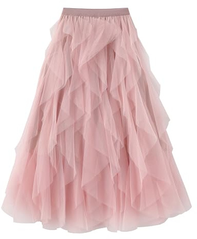 Kimily-UK Femmes Tulle Jupe Stretch Bandoulière Longue Multicouche Plissée Maille Moelleuse A-Ligne Princesse Élégante Vintage Party Maxi
