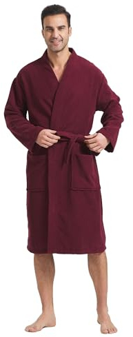 FashGudim Frottee-Bademantel für Männer Groß und Klein Kurzer Herren-Kimono Superabsorbierend Spa Wadenlang Mit Taschen（Burgund,4XL）