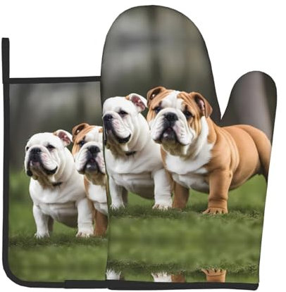 YYHWHJDE Ofenhandschuhe und Topflappen, Motiv: Englische Bulldoggen, 2er-Set, zum Öffnen von Topfdeckeln in der Küche und zum Transportieren von Geschirr aus der Mikrowelle