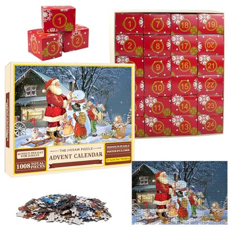 Zfseyuh Adventskalender 2024 Puzzle Erwachsene Kinder Jigsaw Puzzles 1008 Teile Puzzle,Puzzle Adventskalender für Erwachsene Jungen Mädchen Hausdekoration,24 Boxen