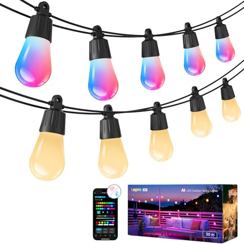 Lepro ZB1 AI Guirnalda de Luces Inteligente 30M, Cadena de Luz Exterior Navidad IP65, Diseñador de Iluminación AI Personalizado Usar con Alexa, RGBW Regulable Decoración de Jardín Balcón, No Remoto