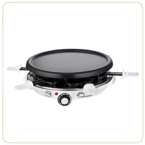 LITTLE BALANCE 8748 Cheese & Panqueques Meuuuh...!, Raclette Grill Crepera, 3 en 1, 6 espátulas de madera, Sin PFAS, 6 personas, 1200 W, Blanco