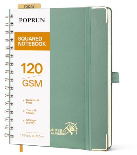 POPRUN Notizbuch A5 Kariert 120g/m² Spiralblock Mitternachtsgrün