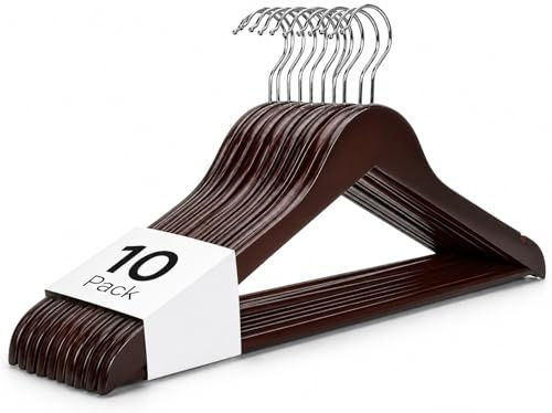 1ABOVE Grade-A Strong Wooden | Made By Natural Wood and Non-Slip Trouser bar | Coat Hangers | Strong Shoulder Notches (10, DARK BROWN)