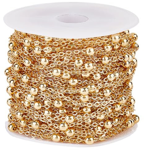 SUNNYCLUE 33 Feet/10M Real 18K Gold Plated Brass Satellite Chains Ball Beads Chain Bulk Metal Pull Extension Connectors Round Balls Chains Roll with Plastic Spool for Jewellery Making Necklace Craft