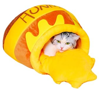 PECHVINO Honey Pot Lit pour chat – Lit fermé confortable pour animaux de compagnie de tailles moyennes et grandes, joli motif pot de miel pour chats et petits animaux de compagnie, coussin en peluche