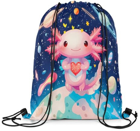 Klassische Kordelzugbeutel Cartoon Axolotl Niedlich Salamander Weltraum Kordelzug-Rucksack Verstellbar Yoga-Tasche 36X42Cm Einkaufstasche Für Reisen Reisen Wandern