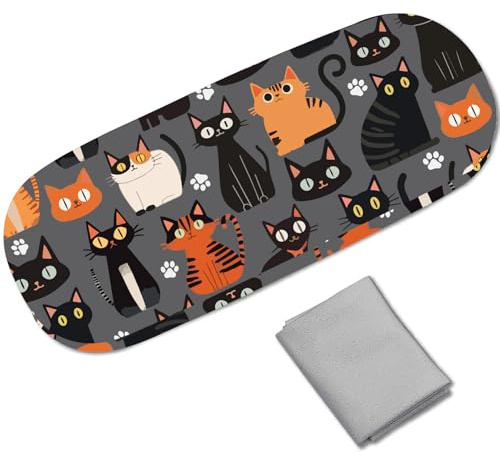 CREATCABIN Leather Glasses Cases Hard Shell Eyeglass Sunglasses Case Holder Portable Travel Cartoon Cat Spectacle Storage Pouch Clamshell Protector Cover Cleaning Cloth for Women Men 6.4x2.5x1.5 Inch
