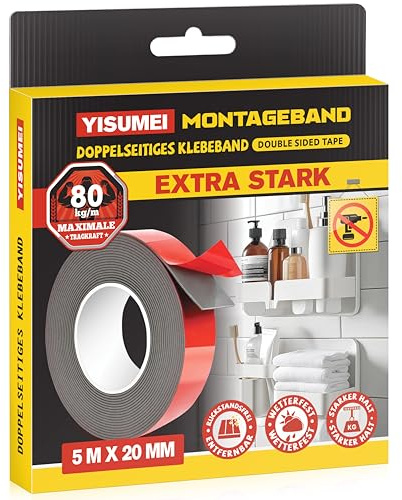 Doppelseitiges Klebeband Extra Stark 5m x 2cm x 1.5mm Wasserdichtes Universelles Montageband Doppelklebeband mit Haftkraft für Auto Wände Böden Heim Bürodekoration