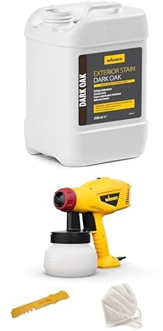 Bundle of WAGNER Exterior Stain Dark Oak + WAGNER Wood&Metal Paint Sprayer W 125 for laquers and varnishes, Interior and Exterior Usage, 5m² in 10 min., Container 600 ml, 350 W