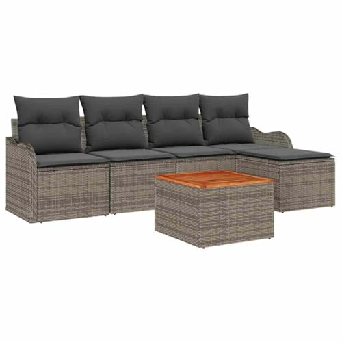 vidaXL 6-teiliges Garten-Sofa-Set mit Kissen in Grau aus Poly Rattan für draußen. Modulare Möbel aus Akazie für die Terasse. Ideal für einen modernen und sonnigen Lounge-Bereich.