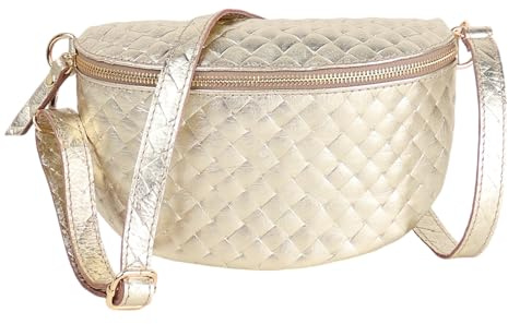 MIRROSI Bauchtasche Damen, Echtleder, Leder, Made in Italy, Umhängetasche, Brusttasche, Schultertasche für jeden Anlass (1 Tasche & 1/2 Gurt(e)) ca.25x16x7cm (Metalic Gold)
