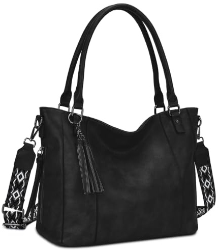 VASCHY Handtasche Damen, Leder Umhängetasche Groß Schultertasche Shopper Hobo Tasche Tote Bag mit Abnehmbarem Gitarrengurt, Schwarz