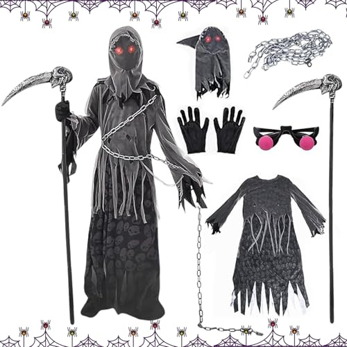 Shinybox Costume da Mietitore di Halloween Bambino, Costume Morte Bambino con Falce della Morte e Guanti, Occhiali Luminosi, Catena in Vita e Maschera per Halloween Carnevale Feste