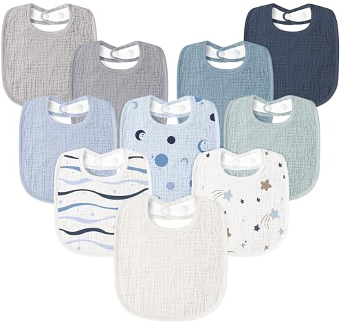 Susurration Muslin Baby Bibs 10Pack Soft Square Adjustable Baby Dribble Bandana Bibs with Adjustable Snaps for Unisex Baby Girls & Boys (Blue Print)