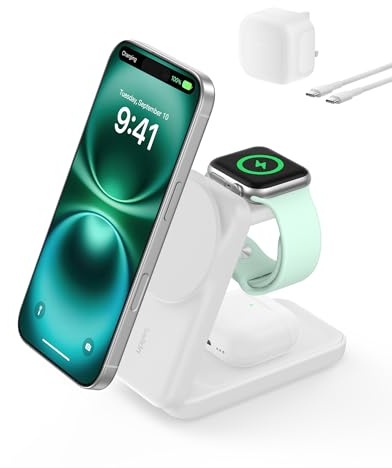 Belkin UltraCharge 3 in 1 Magnetic Wireless Charger with Qi2, 25W - White | Qi2.2-Certified, Cooling, Foldable, MagSafe Compatible Charging Station for iPhone, Apple Watch, AirPods, 45W Plug Included