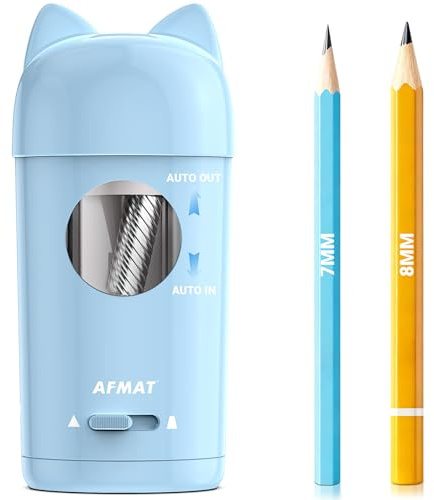 AFMAT Vollautomatischer Elektrischer Anspitzer mit Katzenohren, Auto in & Out, Wiederaufladbarer Bleistiftspitzer mit Behälter für 7-8mm Stifte,Autostopp Elektrischer Spitzer für Haus,Büro,Schule,Blau