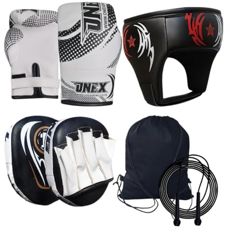ONEX Boxing Set Kids, Includes 2oz Gloves, Pads, Head Guard, Carrying Bag & skipping Rope Target Training Set, MMA Hook & Jab Strike Pads for Boys & Girls (Kid Boxing Set with Focus Pads - BLACK)