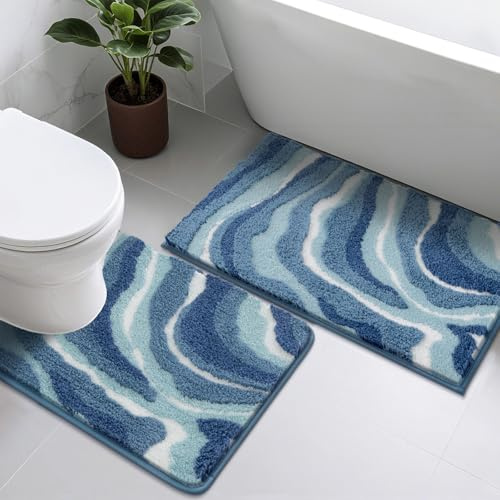 Enyhom Bath Mat Sets 2 Piece, Microfibre Non Slip Blue Bathroom Mat Set, Absorbent Bathroom Rug Soft Toilet Mats, Machine Washable Quick Dry Bath Rug Pedestal Mat for Toilet, 50x80+U50x60cm