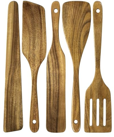 GREATRICH 5 Piezas Set Juego de Utensilios de Cocina Madera Cuchara, Spatula Espatula Cocina Accesorios de Madera de Acacia, Cucharas de Maderas, Kit Kitchen Utensils Set Elegante y Duradero