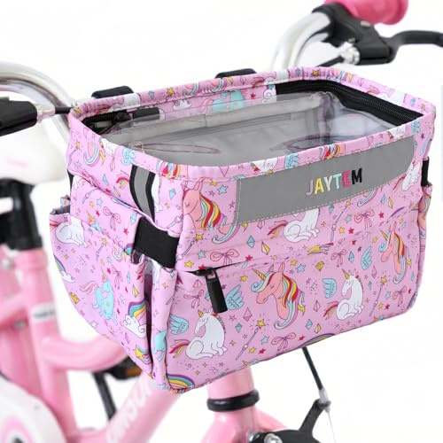 JAYTEM Kids Bike Basket, Girls Bike Basket Front Frame Handlebar Bag, Waterproof Fabric Unicorn Bicycle Basket Bag with Zipper Closure & Reflective Straps Fit Most Toddlers Bike, Tricycle or Scooter