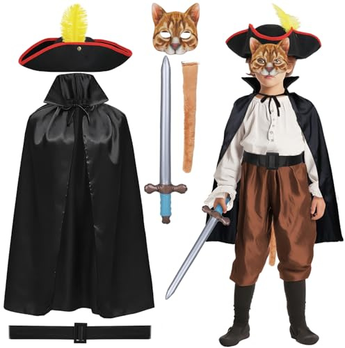iZoeL Kattdräkt för pojkar flickor barn kattkrigare kostymset – cape, hatt, kattmask, bälte och uppblåsbart svärd – Storybook karaktär outfit för världsboken, pojkens maskeraddräkt och skolbokvecka
