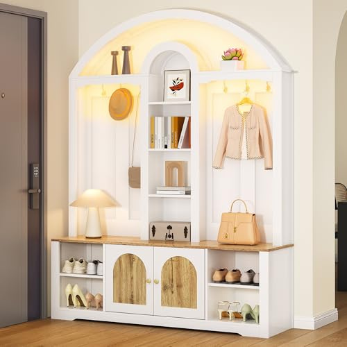 ECLIVON Garderobenset mit LED Lichtleiste und Gewölbedecke, Garderoben Set | Mit Schuhschrank, Wandgarderobe mit Haken, Garderobenschrank mit Türen, Flurgarderobe Set für Flur, 195x150x40 cm, Weiß