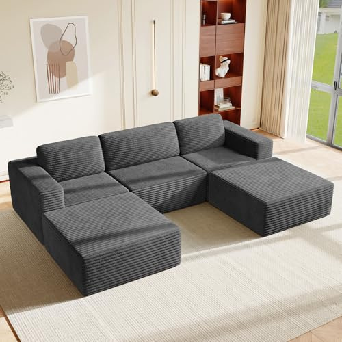 Vesgantti 303 cm Groß Modulares U-förmiges Ecksofa mit Schlaffunktion, 3‑Sitzer Cordsofa mit Federkern, Extra Tiefe Sitzfläche, Boneless Schlafcouch, Für Wohnzimmer, Ohne Montage, Grau | Sofa ohne Knochen, Taschenfedern & 35D Hochdichter Schaumstoff, 2 bewegliche Ottomane, tiefe Sitze, flexibles Layout