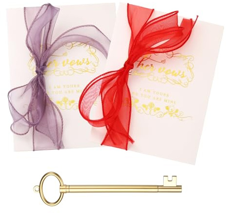 YOKIVE Wedding Day Vow Card Set, (7.87 x 5.51-Inch, Red/Purple), Vow Card with Key Shape Pen for Her & Him Ribbon Version C, Gold Foil, Great Gift for Bride Groom Bridal Wedding