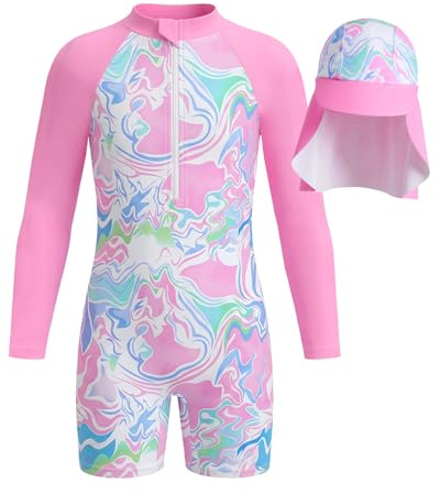 JiAmy Mädchen Badeanzug UV Schutz Einteiler Schwimmanzug mit Sonnenhut Langarm Reißverschluss Bademode Badeanzüge für Kinder Rosa Welle 5–6 Jahre