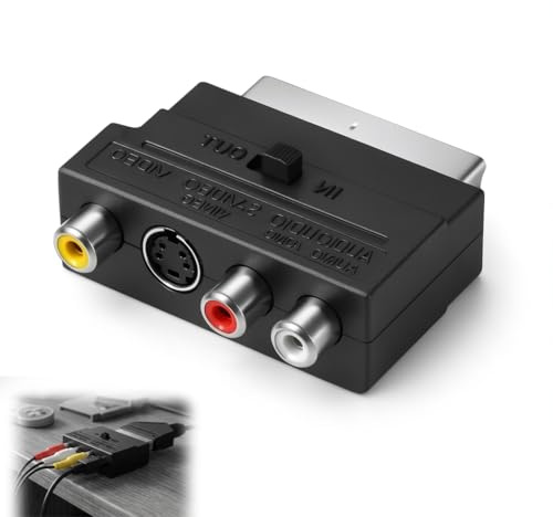 XINML SCART Adapter auf Cinch & S-Video - SCART Stecker zu 3RCA Buchse mit IN/Out Umschalter, AV Audio Video Konverter mit Vernickelten Kontakten für TV DVD Recorder Projektor, Bidirektional